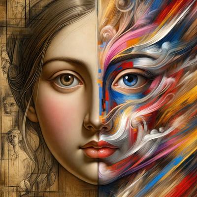 The primary subject of the image is a painting of a woman's face, depicted in two different colors. The setting is a painting, and the visual style is artistic. The dominant colors are pink and blue, creating a contrasting and visually striking effect. The overall atmosphere of the painting is thought-provoking and intriguing, as it showcases the artist's skill in capturing the subject's features in two distinct colors.